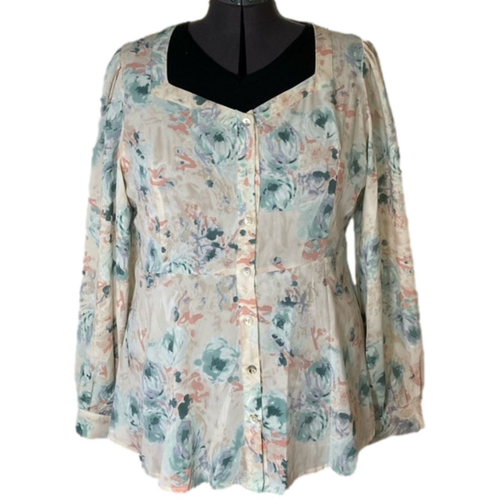 2X Chic Soul Floral Button-Front Blouse in Cream, Mint & Blush